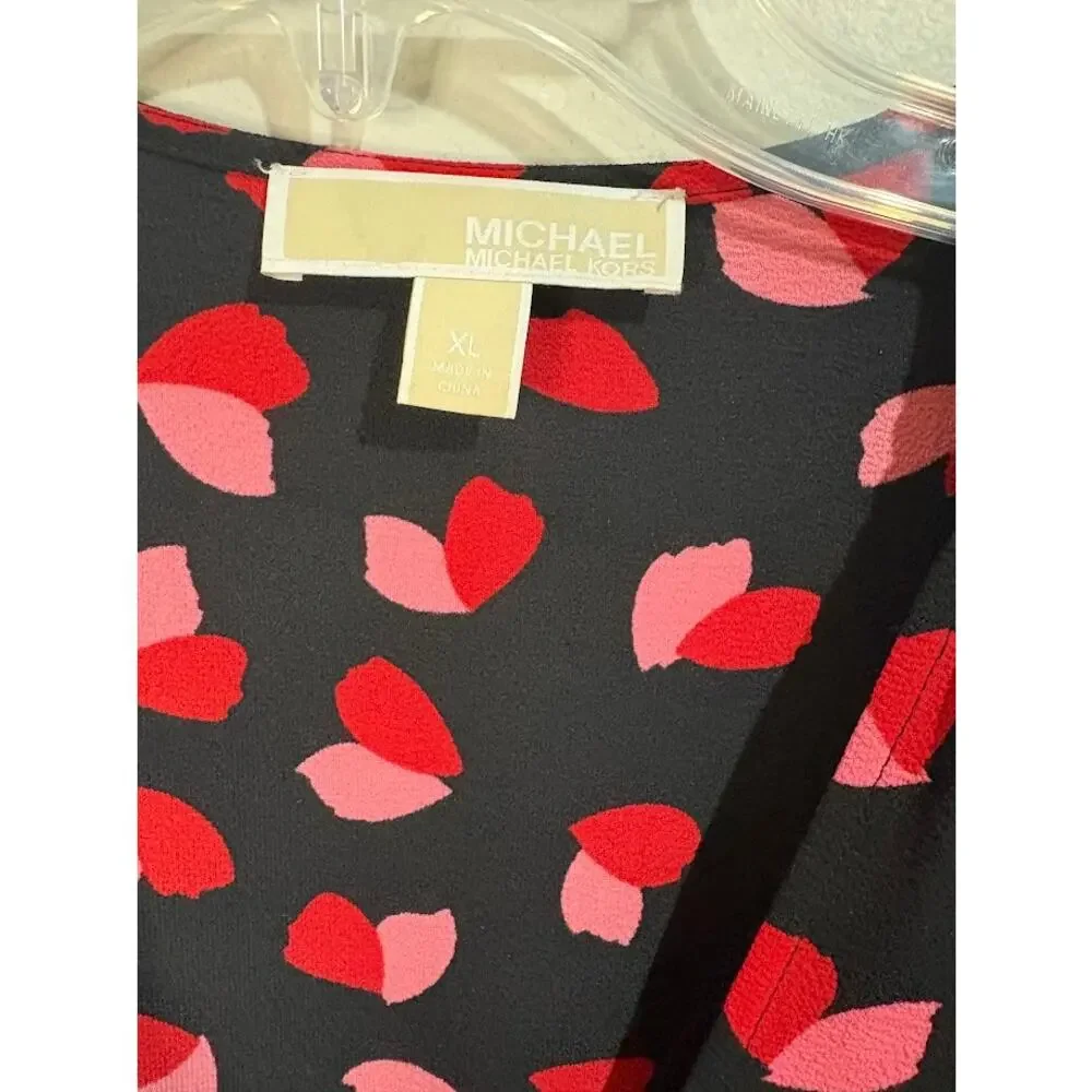 Michael Kors Red‎ Pink Black Long Sleeve Petal Crepe Wrap Ruffle Dress Size XL